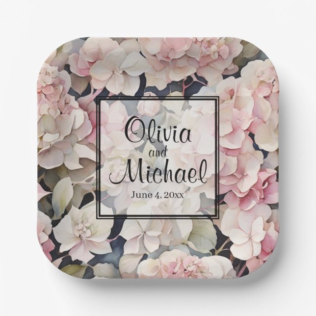 Elegant pink watercolor floral hydrangeas  paper plate (Front)