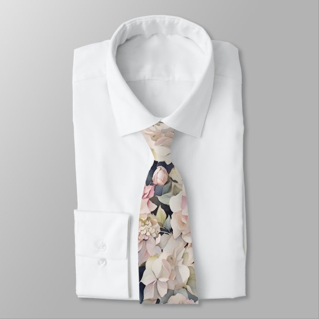 Elegant pink watercolor floral hydrangeas  tie (Tied)