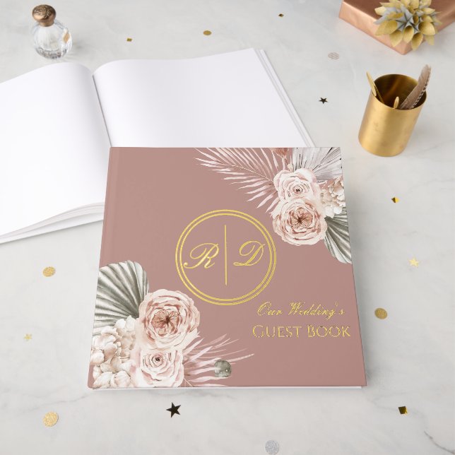 Elegant Pink Watercolor Floral Monogram Wedding Guest Book (Front Open)