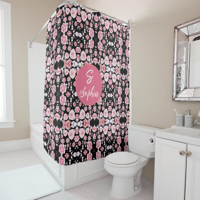 Elegant Pink Watercolor Floral Monogrammed Name Shower Curtain (In Situ)