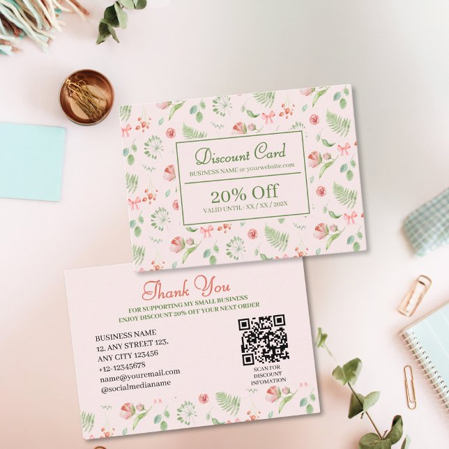 Elegant Pink Watercolor Floral Pattern Festive Discount Card (Creator Uploaded)