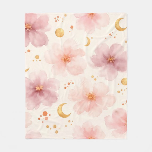Elegant Pink Watercolor Floral Pattern Fleece Blanket (Front)