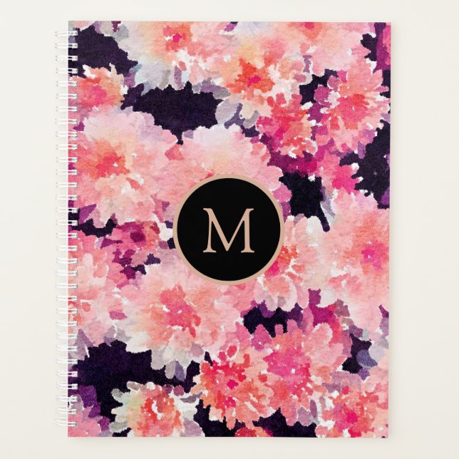 Elegant Pink Watercolor Floral Pattern Monogram Planner (Front)