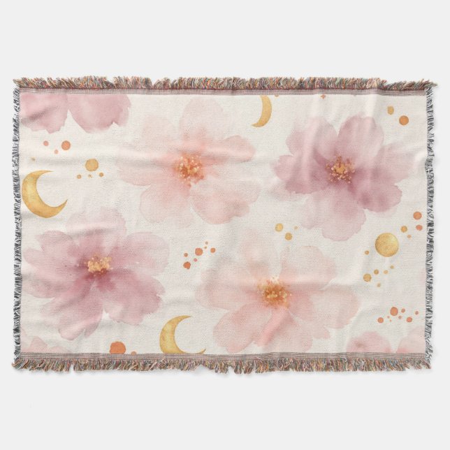 Elegant Pink Watercolor Floral Pattern Throw Blanket (Front)