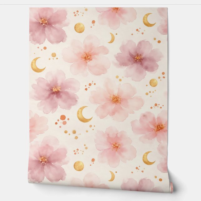 Elegant Pink Watercolor Floral Pattern Wallpaper (Unrolling)