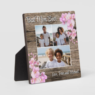 Elegant pink watercolor floral personalise 3 photo plaque