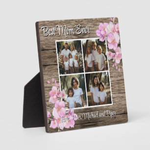 Elegant pink watercolor floral personalise 4 photo plaque
