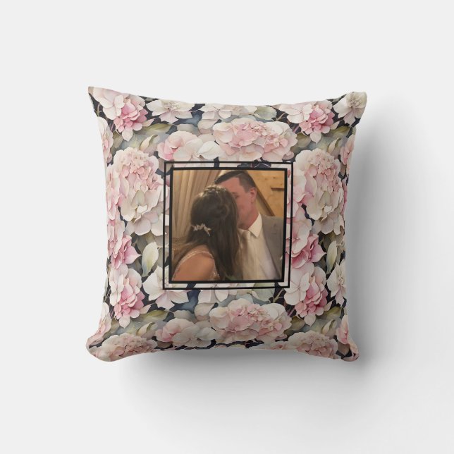 Elegant pink watercolor floral personalise photo cushion (Front)