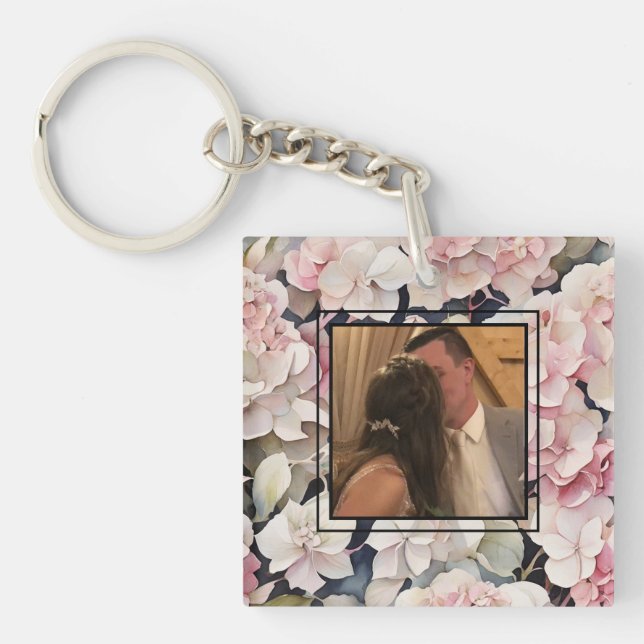 Elegant pink watercolor floral personalise photo key ring (Front)