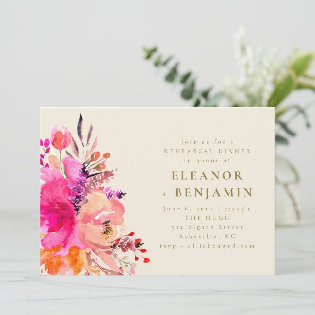 Elegant Pink Watercolor Floral Rehearsal Dinner Invitation (Standing Front)