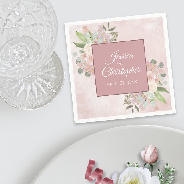 Elegant Pink Watercolor Floral Rustic Wedding Napkin (In Situ with Plate)