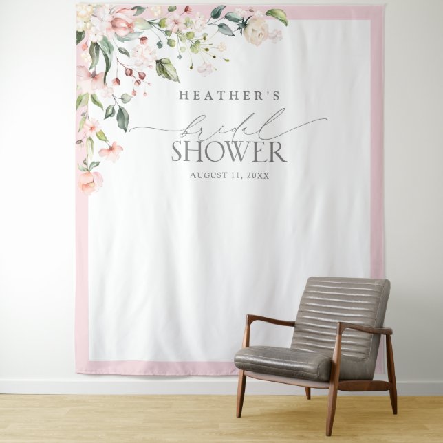 Elegant Pink Watercolor Floral Shower Photo Booth Tapestry (In Situ)
