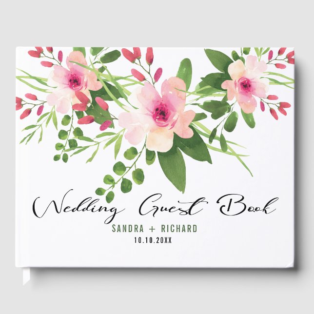Elegant Pink Watercolor Floral  Wedding Photo Guest Book (Front)