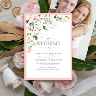 Elegant Pink Watercolor Floral Wedding Photo Invitation
