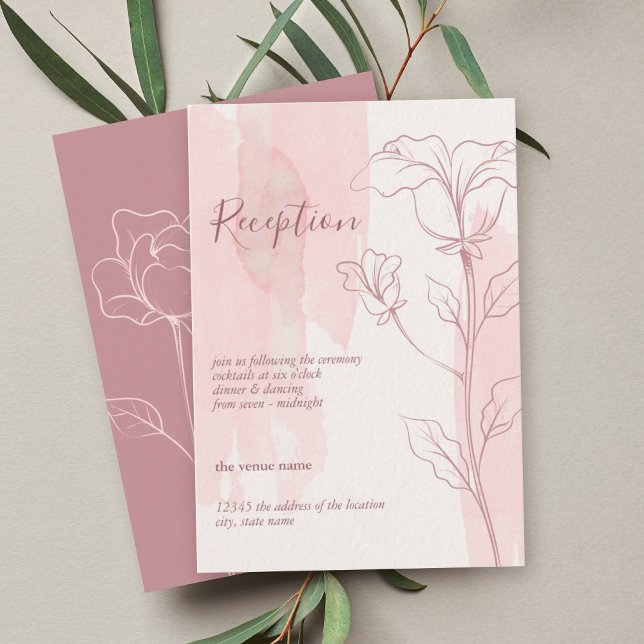 Elegant Pink Watercolor Floral Wedding Reception Enclosure Card (Elegant Blush pink watercolor background with floral outline design reception card.)