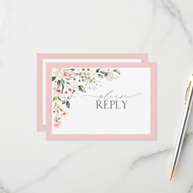Elegant Pink Watercolor Floral Wedding RSVP Card (Front/Back In Situ)