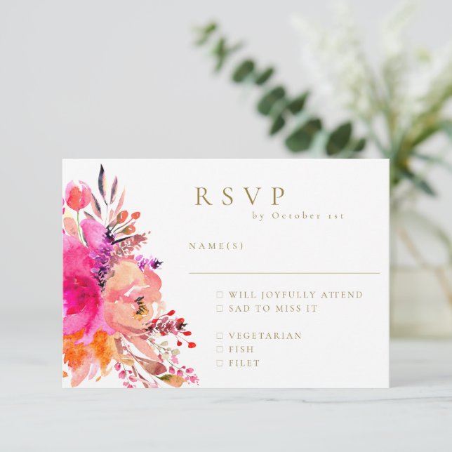 Elegant Pink Watercolor Floral Wedding RSVP Meal Card (Standing Front)