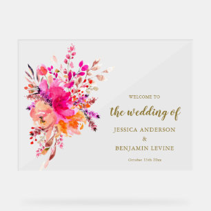 Elegant Pink Watercolor Floral Wedding Welcome Acrylic Sign
