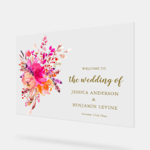 Elegant Pink Watercolor Floral Wedding Welcome  Acrylic Sign