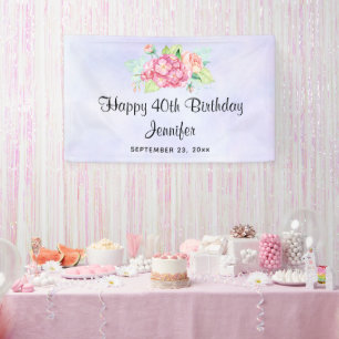 Elegant Pink Watercolor Flower Bouquet Birthday Banner