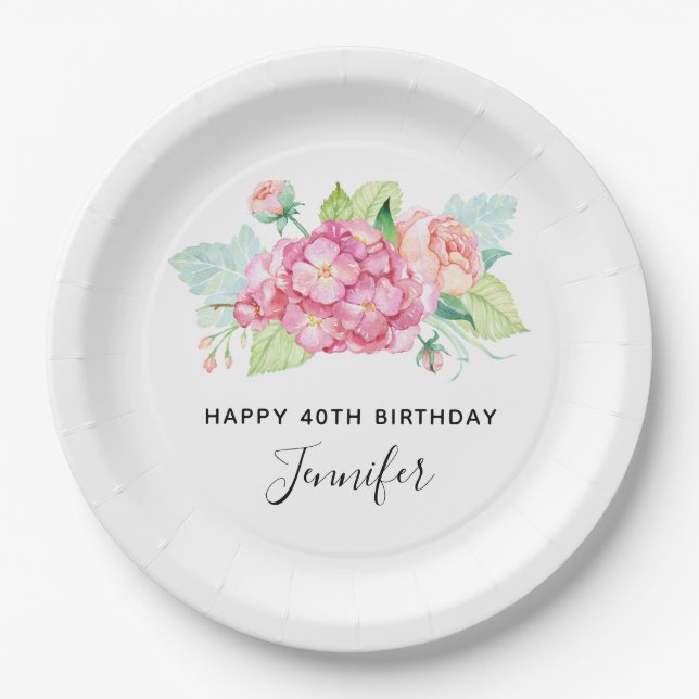 Elegant Pink Watercolor Flower Bouquet Birthday Paper Plate (Front)