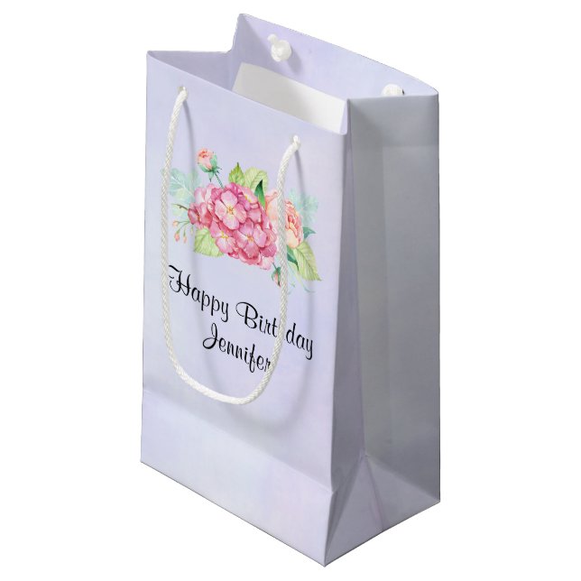 Elegant Pink Watercolor Flower Bouquet Birthday Small Gift Bag (Front Angled)