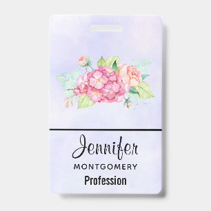 Elegant Pink Watercolor Flower Bouquet ID Badge