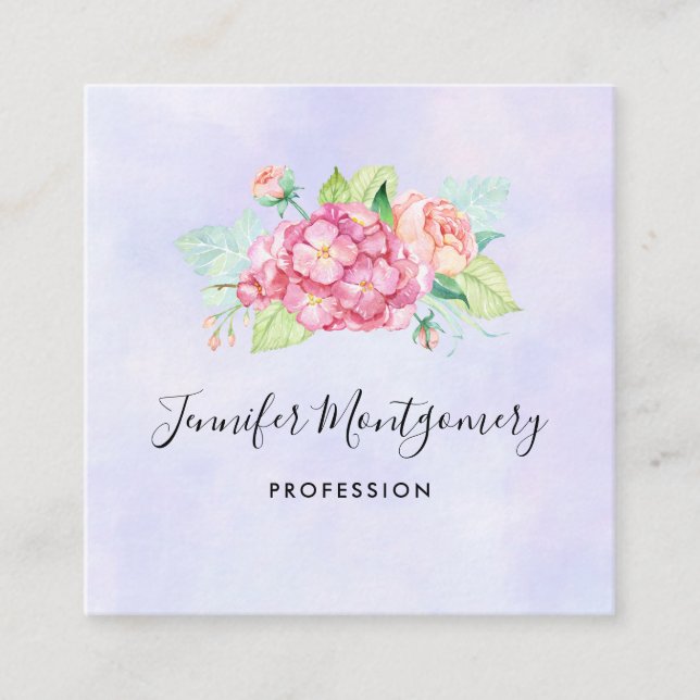 Elegant Pink Watercolor Flower Bouquet Square Business Card (Front)