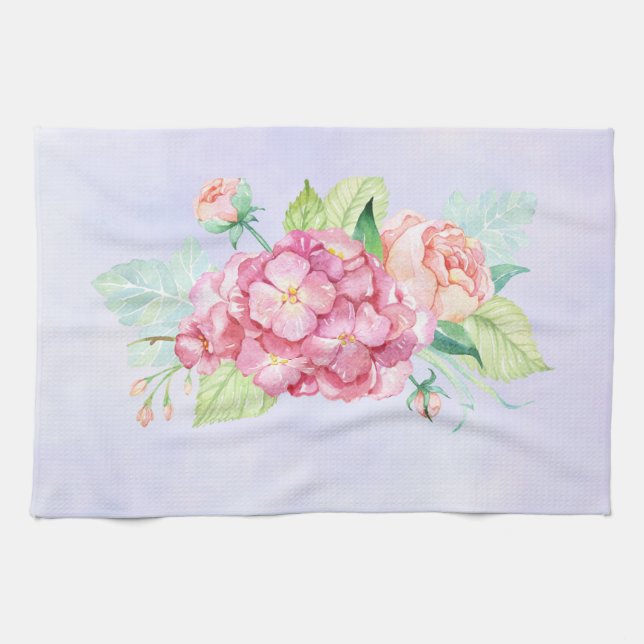 Elegant Pink Watercolor Flower Bouquet Tea Towel (Horizontal)