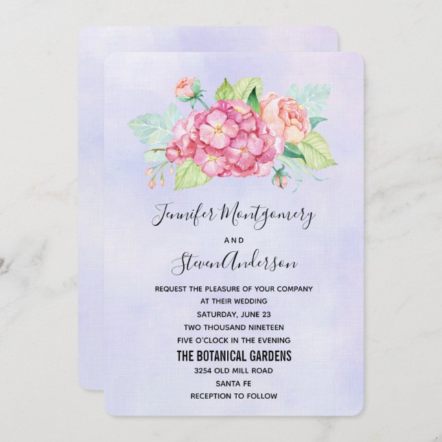Elegant Pink Watercolor Flower Bouquet Wedding Invitation (Front/Back)