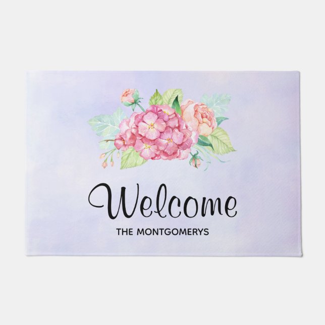 Elegant Pink Watercolor Flower Bouquet Welcome Doormat (Front)