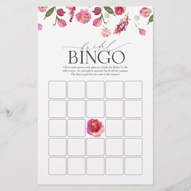 Elegant Pink Watercolor Flowers Bridal Bingo Game (Front)