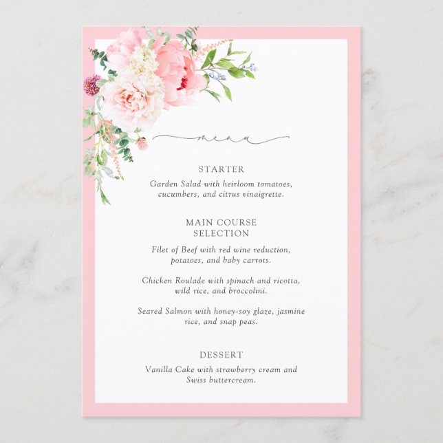 Elegant Pink Watercolor Flowers Bridal Shower Menu (Front)
