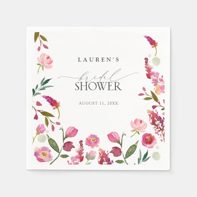 Elegant Pink Watercolor Flowers Bridal Shower Napkin (Front)