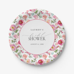 Elegant Pink Watercolor Flowers Bridal Shower Paper Plate