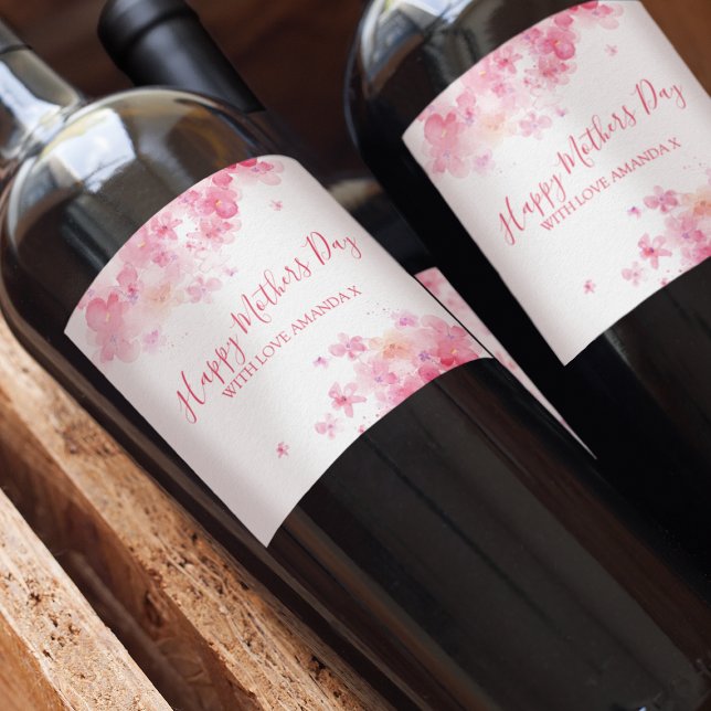 Elegant Pink Watercolor Flowers Happy Mothers Day Wine Label (Creator Uploaded)
