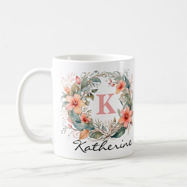Elegant Pink Watercolor Flowers Monogram Name Coffee Mug (Left)