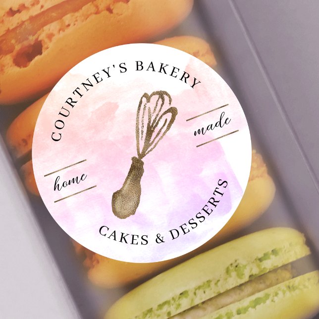 Elegant Pink Watercolor & Gold Glitter Bakery Classic Round Sticker (Elegant pink watercolor  packaging stickers for chefs, caterers, bakers alike)