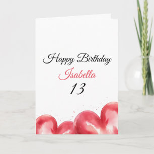 Elegant Pink Watercolor Hearts 13th Birthday Card