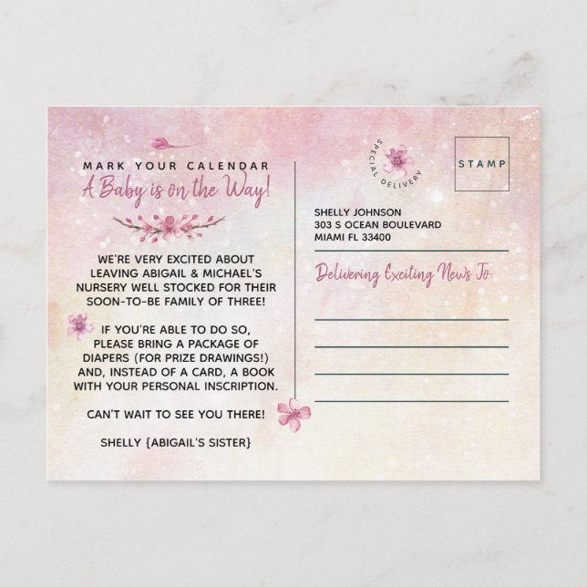 Elegant Pink Watercolor It's A Girl Baby Shower Postcard (Back)