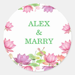 Elegant Pink Watercolor Lotus Floral  Classic Round Sticker
