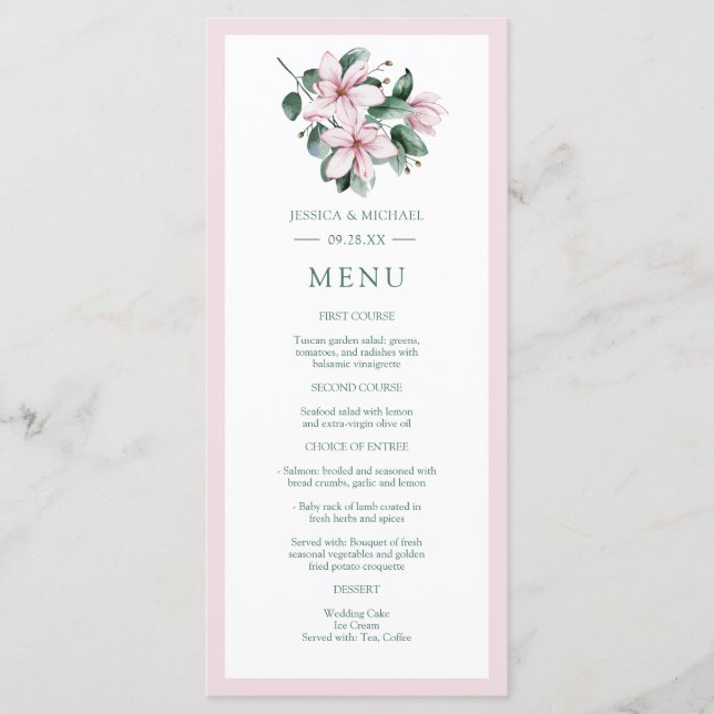 Elegant Pink Watercolor Magnolia Floral Wedding Menu (Front)