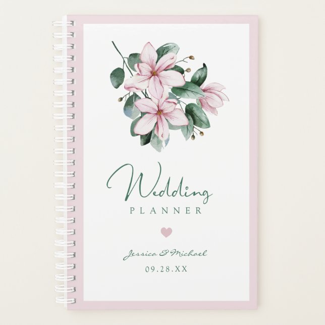 Elegant Pink Watercolor Magnolia Floral Wedding Planner (Front)