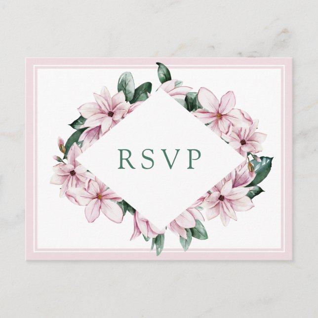 Elegant Pink Watercolor Magnolia Wedding RSVP Postcard (Front)