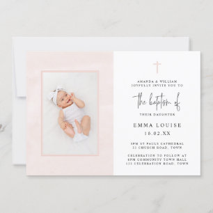 Elegant Pink Watercolor Minimalist Photo Baptism Invitation
