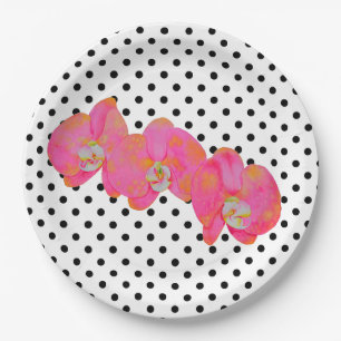 Elegant Pink watercolor Orchids polka dots Paper Plate
