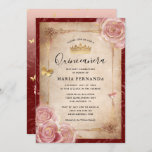 Elegant Pink Watercolor Rose Gold Quinceanera Invitation<br><div class="desc">Elegant rose gold quinceanera invitations that can be easily personalised for your sweet 16/15 birthday party! The luxurious design depicts gold butterfly confetti and blush pink watercolor roses hand illustrated by Raphaela Wilson. The ornate scrolled gown dresses border accents the vintage parchment paper on the front, as well as the...</div>