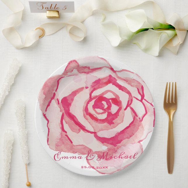 Elegant Pink Watercolor Rose, Personalised Wedding Paper Plate (Wedding)