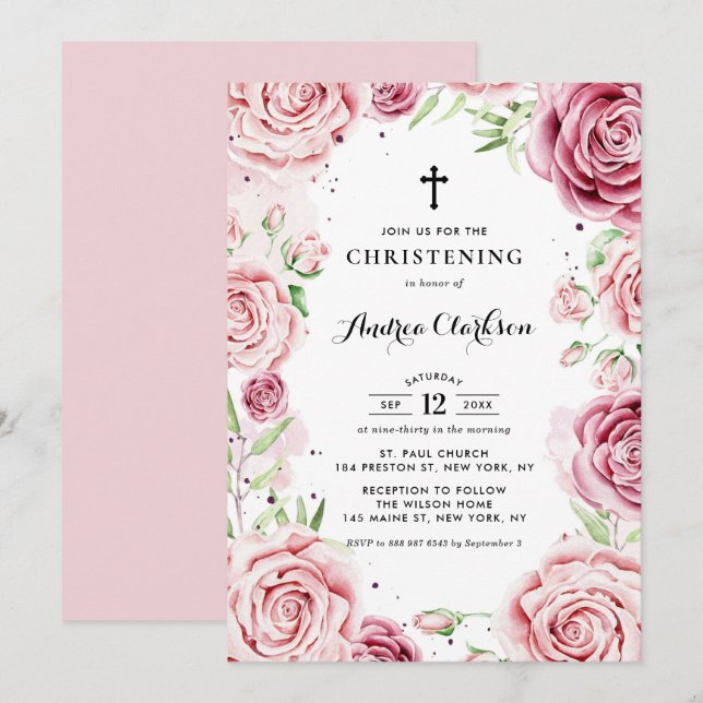 Elegant Pink Watercolor Roses Frame Christening Invitation (Front/Back)