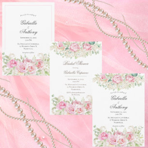 Elegant Pink Watercolor Roses Vintage Wedding Invitation